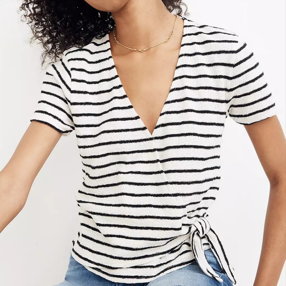 Madewell Texture & Thread Black & White Striped Wrap Top